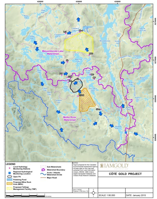 A map delineating local watersheds and existing water flow directions within the surrounding area extending beyond the aquatic biology local and regional study areas.