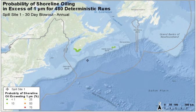 Figure 10 is a map that shows the probability that oil from a blowout at model site 1 would reach a given shoreline.