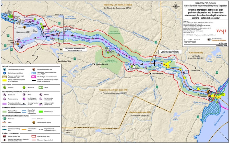 Figure 19: Potential interactions between the dispersal of an oil slick and the sensitive environments, according to the worst-case spill scenario - extended study area