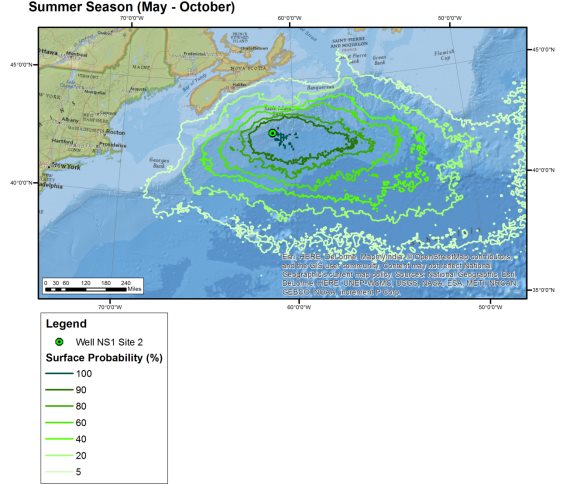 Figure 8 Sea Surface Oiling Probabilities Exceeding Thickness Threshold - 30-day Unmitigated Summer Blowout - Model Site 2