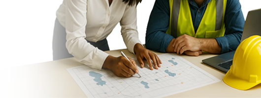 Deux collègues examinent des documents de projet à leur poste de travail.