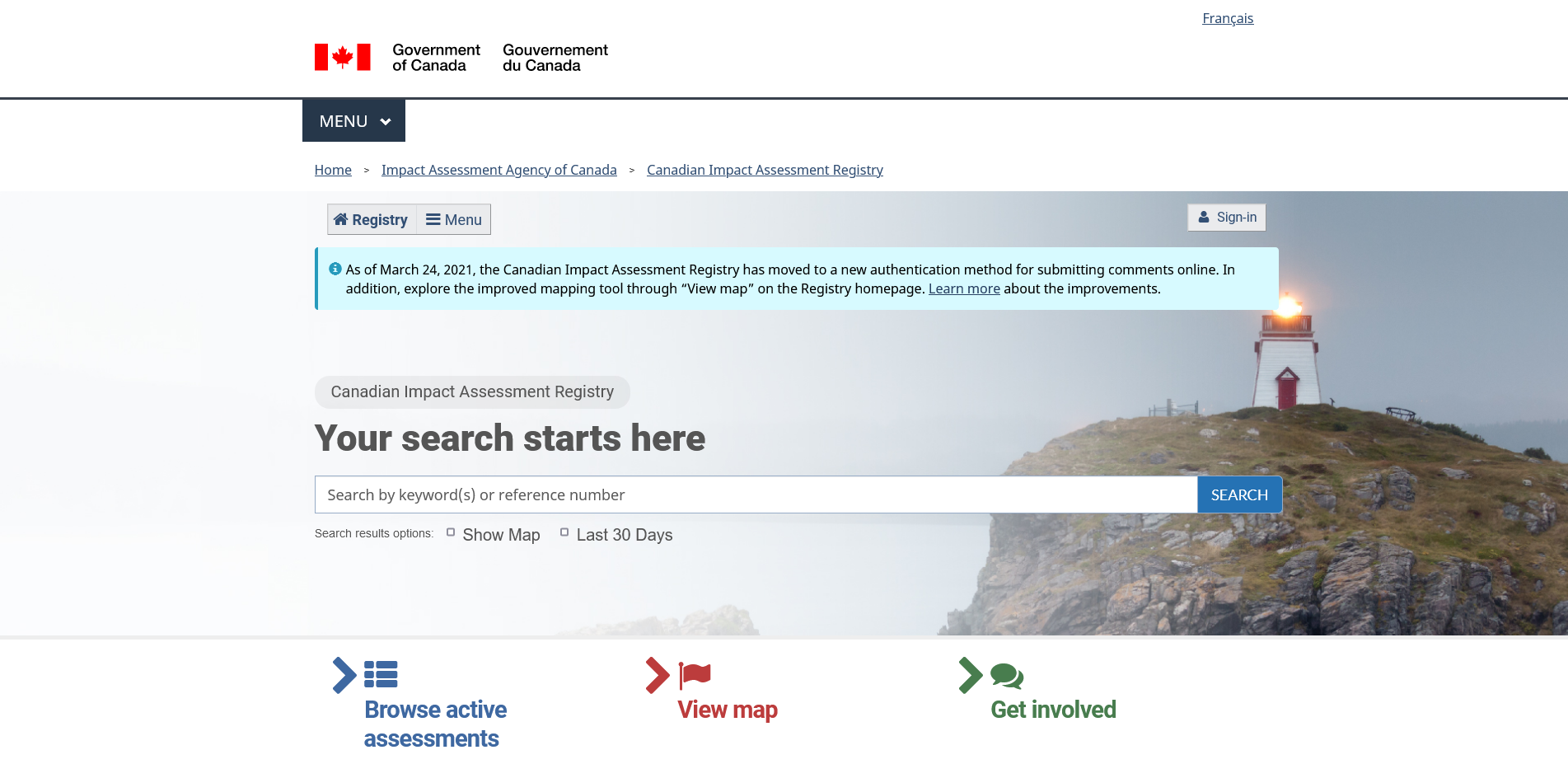 A screen capture of the Registry home page. At the bottom from left to right are the buttons, which read “Browse active assessments”, “View map”, and “Get involved”.